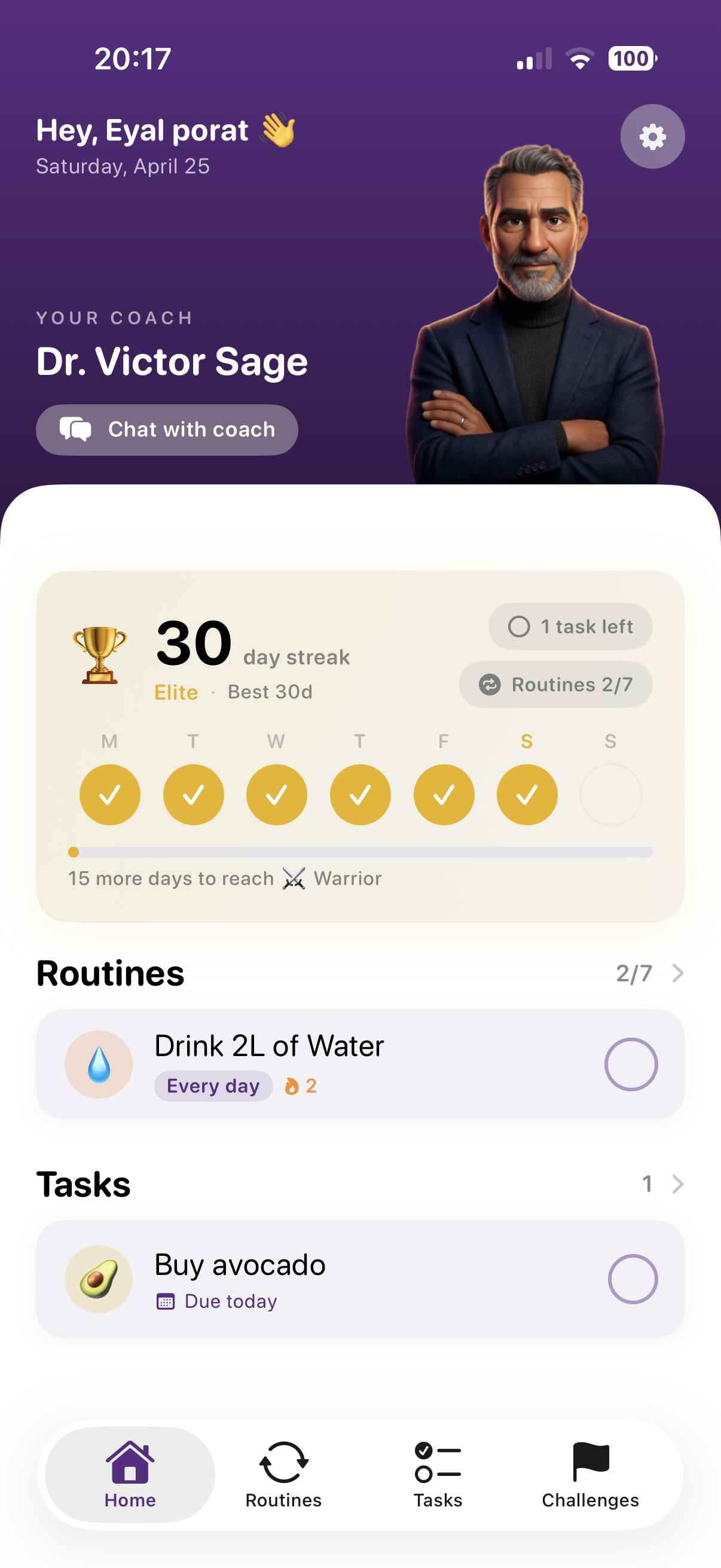 Home screen with 30 day streak